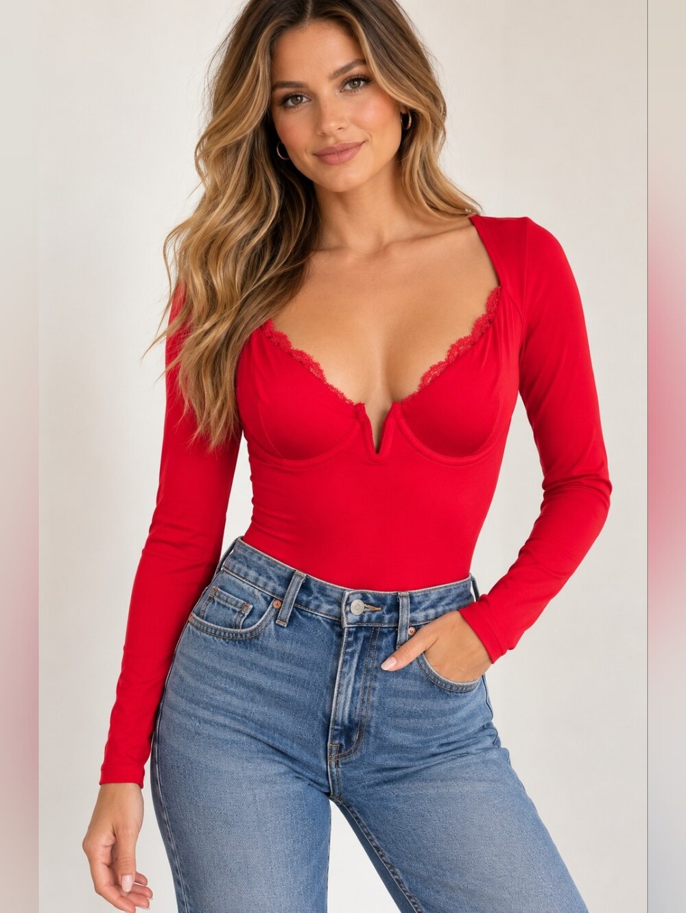 Popilush NWT Red Shapewear Bodysuit Long Sleeve Underwire Lace Trim S